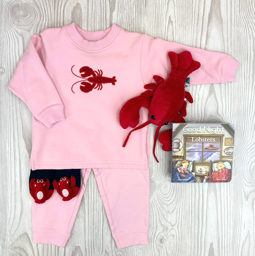 Pink children's outfit with lobster design, plush toy, and 'Good Night Lobsters' book on a wooden surface.