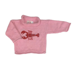 long sleeve pink sweater with red horizontal lobster in center