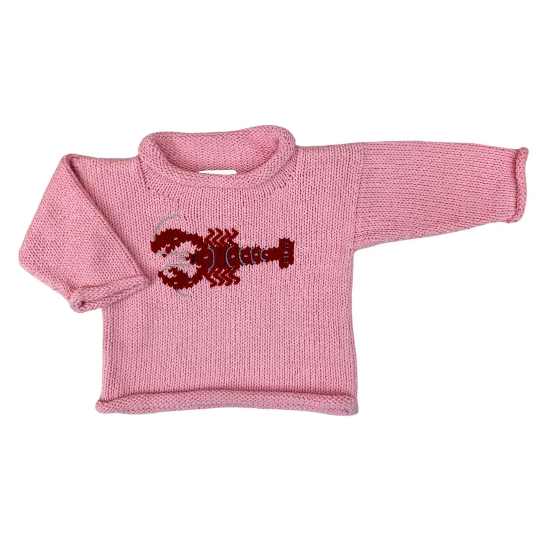 long sleeve pink sweater with red horizontal lobster in center