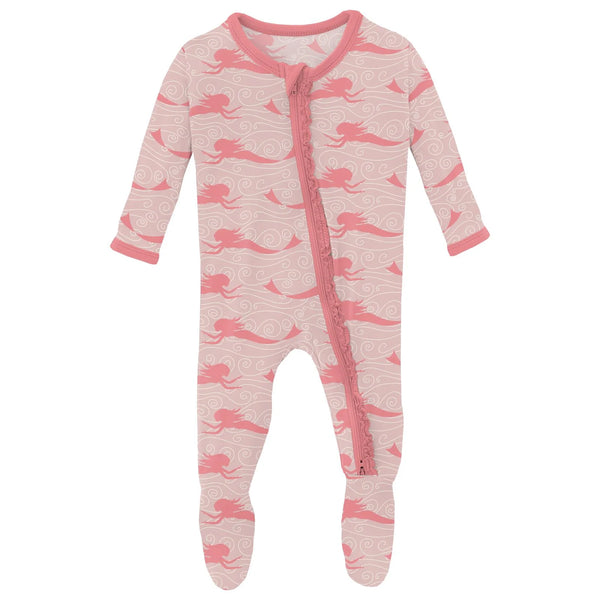 pink footie with mermaid silhouettes all over, ruffle on zipper