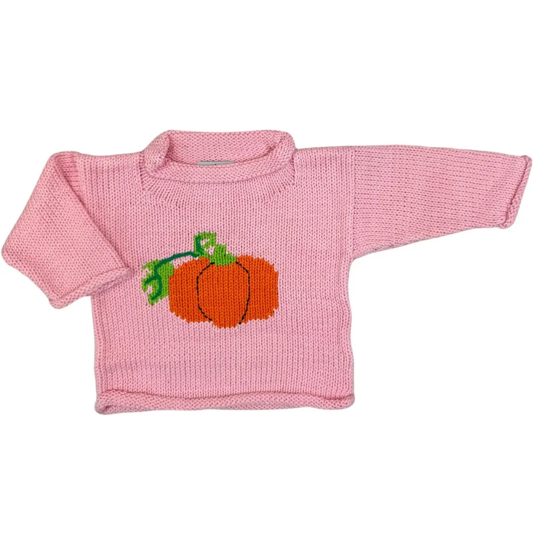 pink long sleeve cotton sweater with orange pumpkin in sweater
