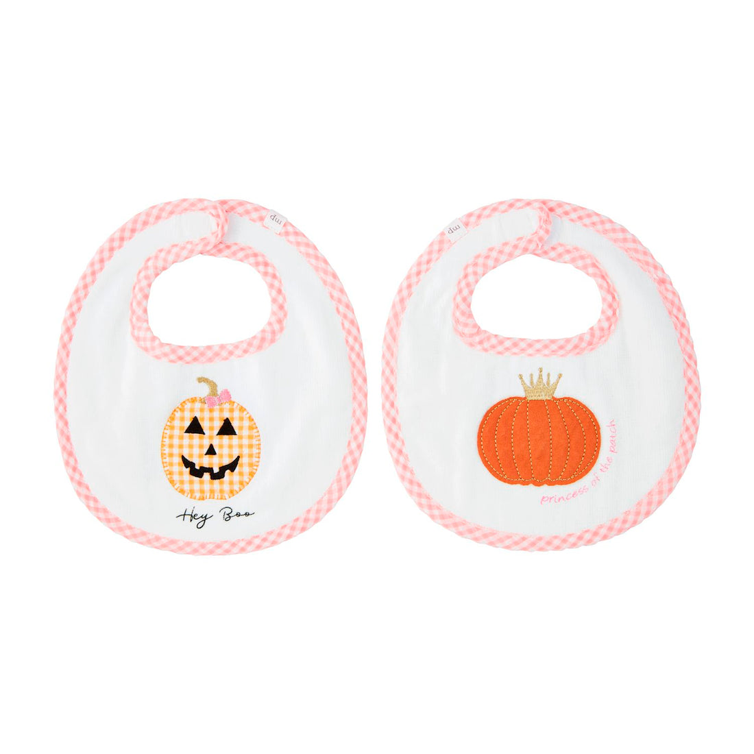 White baby bib with pink gingham trim, displayed side by side on a white background. The left bib features an orange and yellow gingham jack-o&