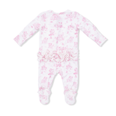 Baby onesie with pink floral pattern on a white background