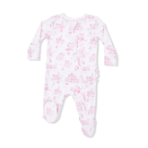 Baby onesie with pink floral pattern on a white background