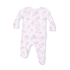 Baby onesie with pink floral pattern on a white background