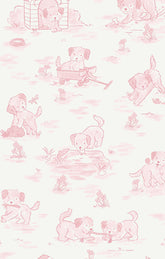 Pattern of pink puppies and dog-related items on a light pink background