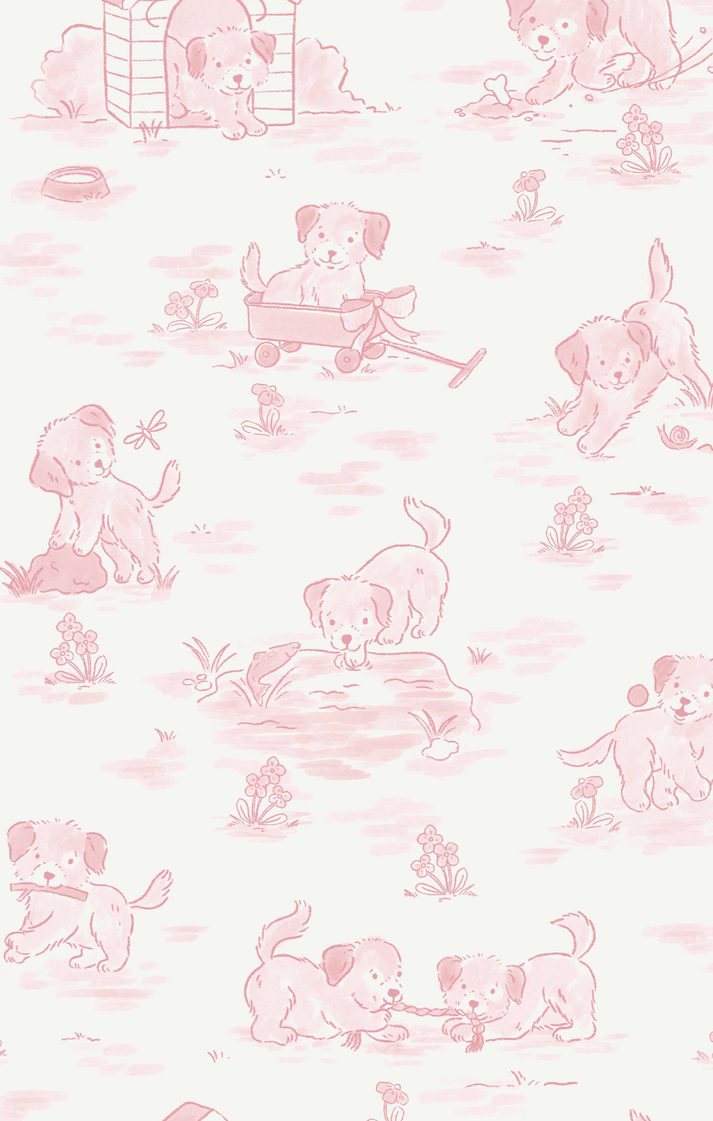 Pattern of pink puppies and dog-related items on a light pink background
