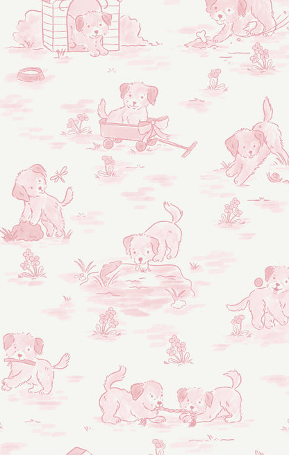 Pattern of pink puppies and dog-related items on a light pink background