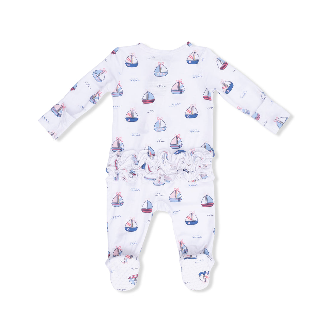 Baby onesie with sailboat pattern on a white background