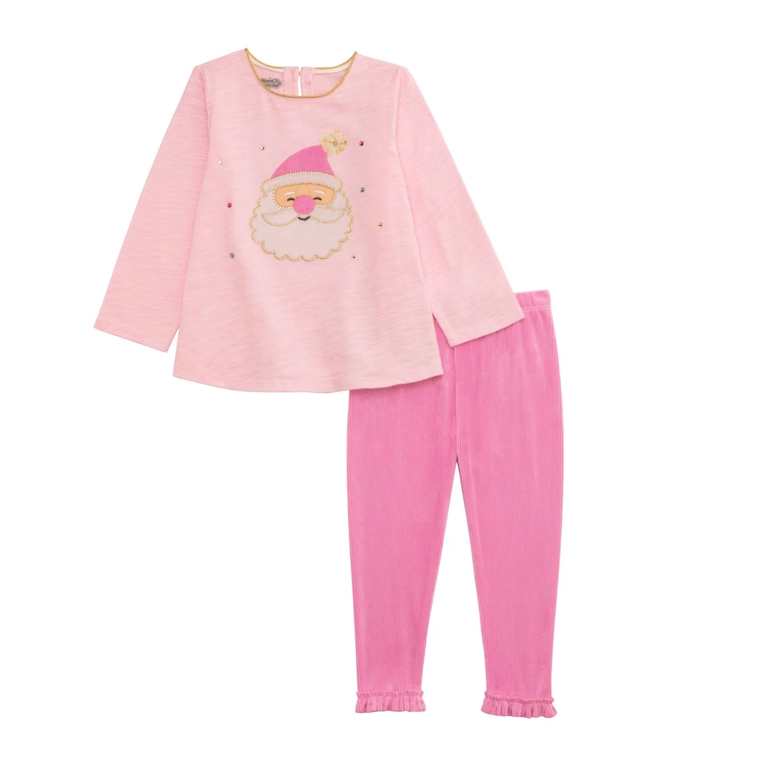 lighter pink long sleeve top with santa on center and darker pink leggings with ruffles at ankles