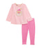 lighter pink long sleeve top with santa on center and darker pink leggings with ruffles at ankles