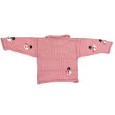 pink sweater with snowmen wearing hats and scarves all over