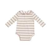 white bodysuit with pink stripes and peter pan collar