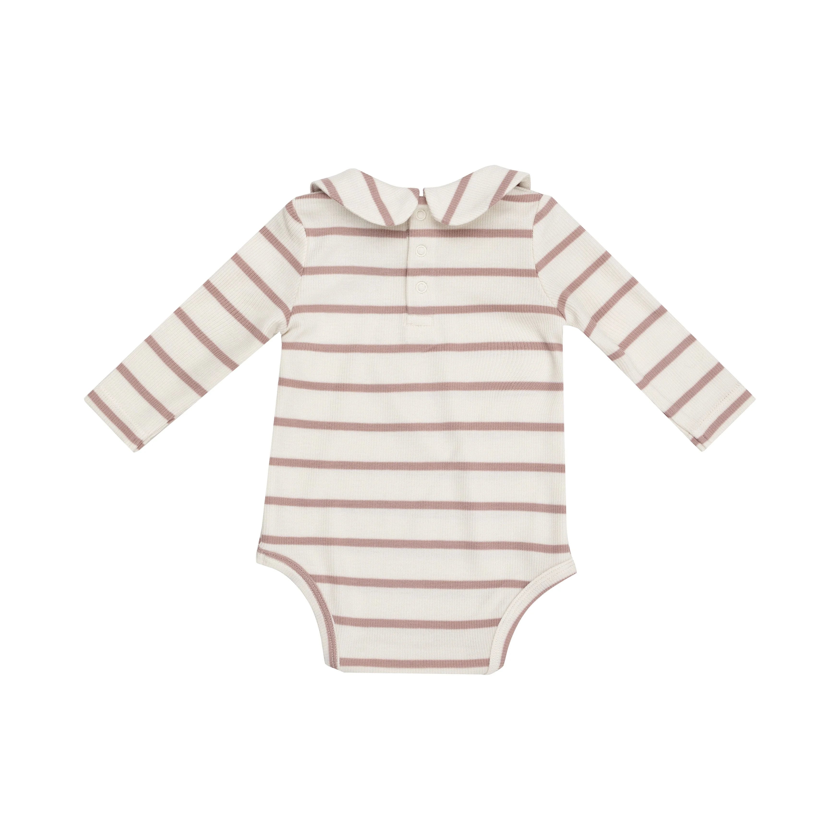 white bodysuit with pink stripes and peter pan collar