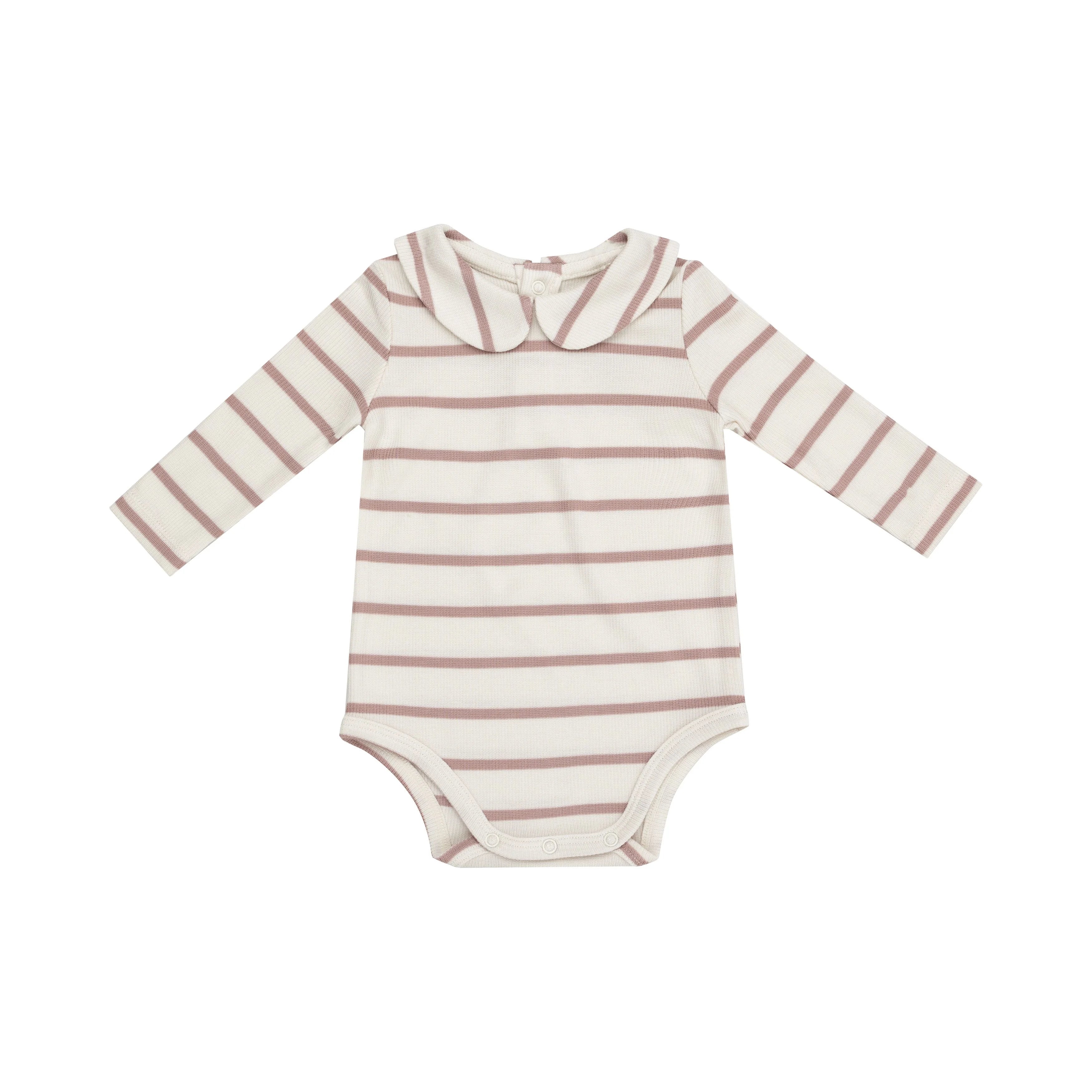 white bodysuit with pink stripes and peter pan collar