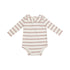 white bodysuit with pink stripes and peter pan collar