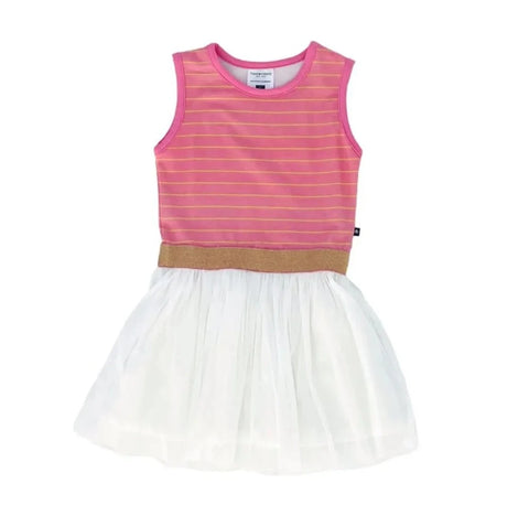 top is pink sleeveless striped with orange striped with gold sparkle waist and white tulle skirt