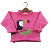 A bright pink knit sweater with a knitted toucan design on the chest, hanging on a wooden hanger against a plain white background.