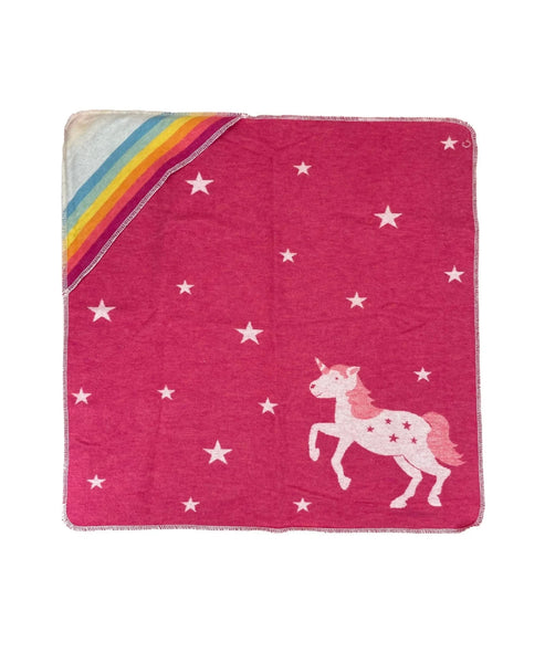 pink blanket with unicorn and rainbow hood