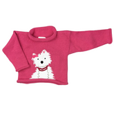 Pink knitted sweater with a white dog design on a white background