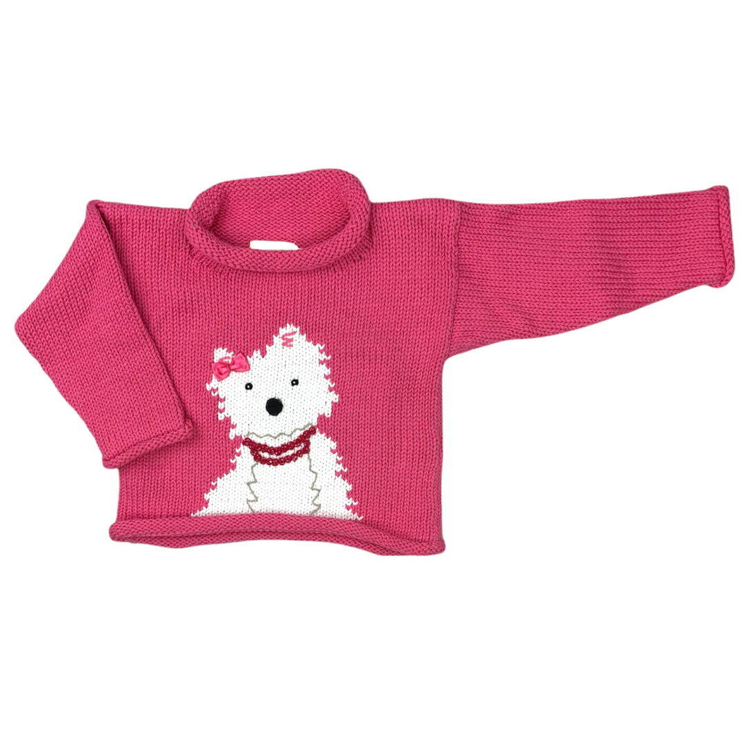 Pink knitted sweater with a white dog design on a white background