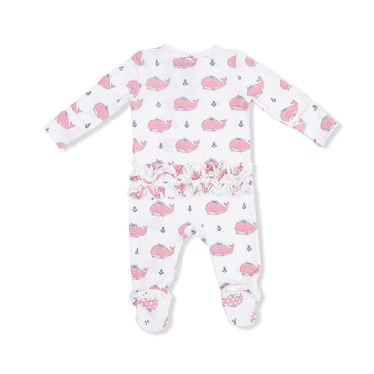 Baby onesie with pink whale pattern on a white background