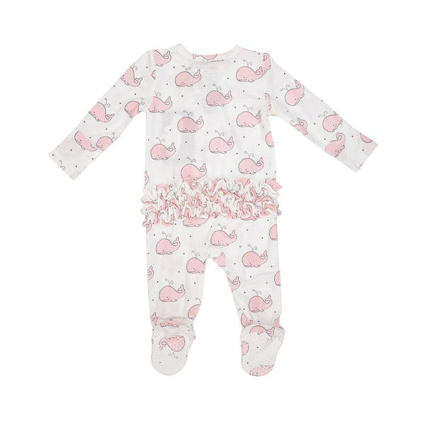 White/Pink Bubbly Whale Ruffle 2 Way Zipper Footie