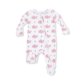 Baby onesie with pink whale pattern on a white background