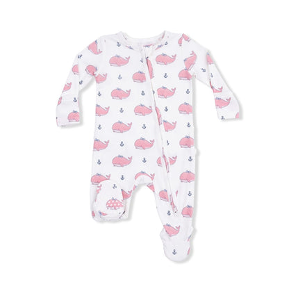 Baby onesie with pink whale pattern on a white background