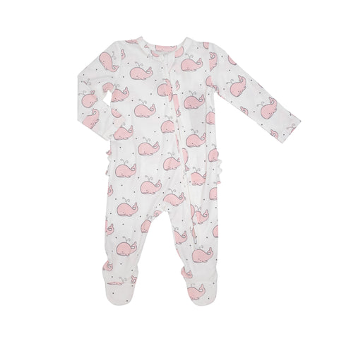 White/Pink Bubbly Whale Ruffle 2 Way Zipper Footie