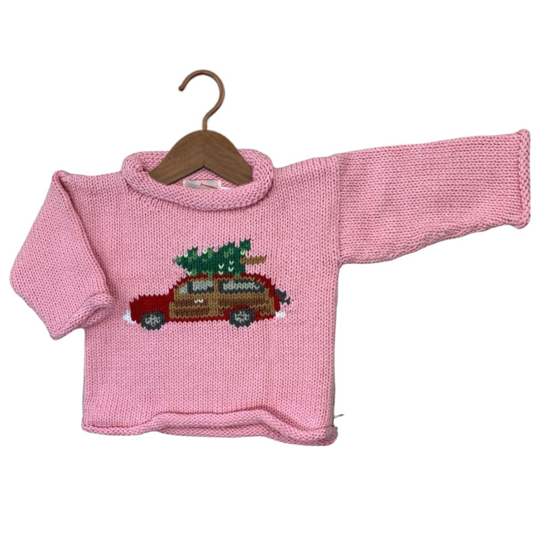 Pull de Noël rose à col roulé Woody Wagon 