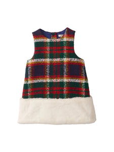red,green, and blue plaid dress with faux fur trim