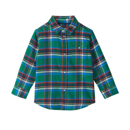 green/blue/red plaid button down shirt