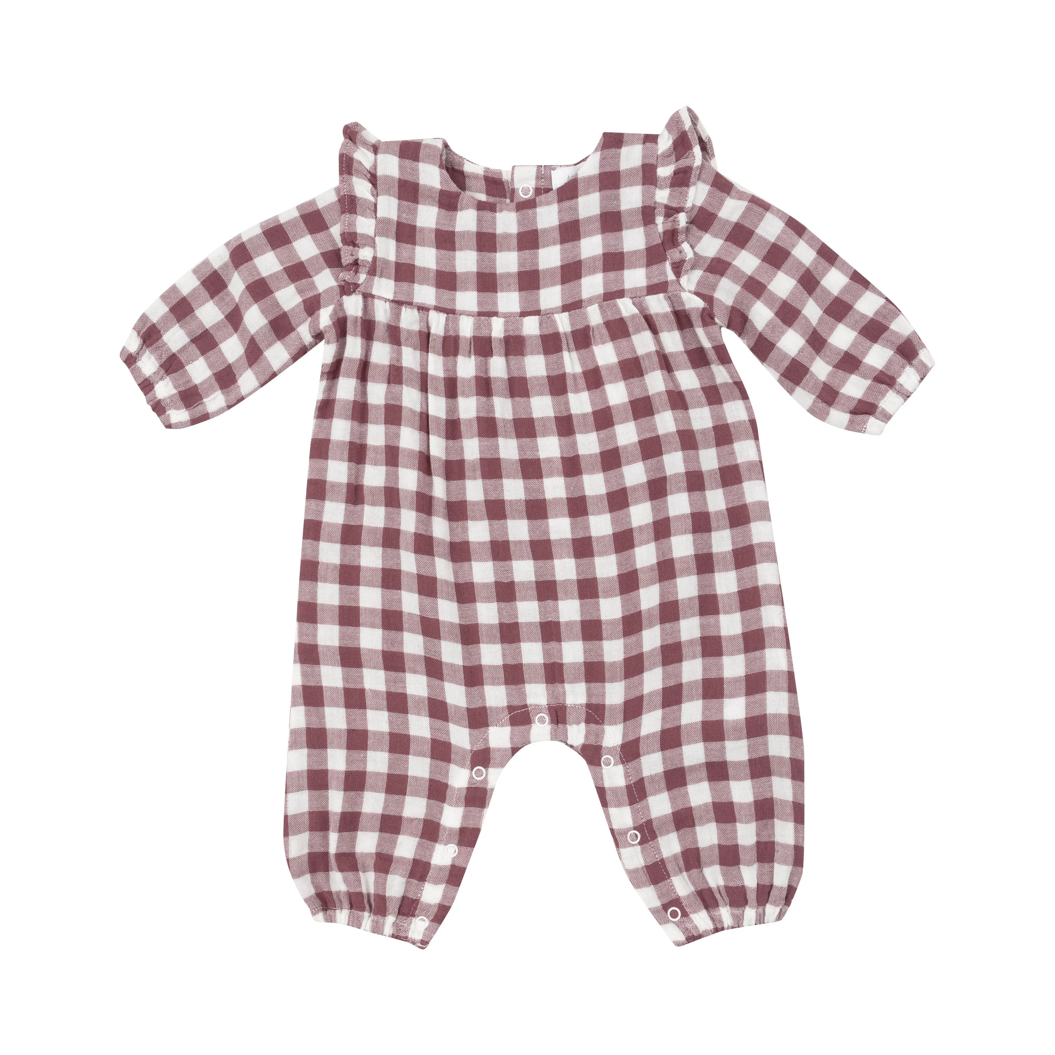 plum gingham romper