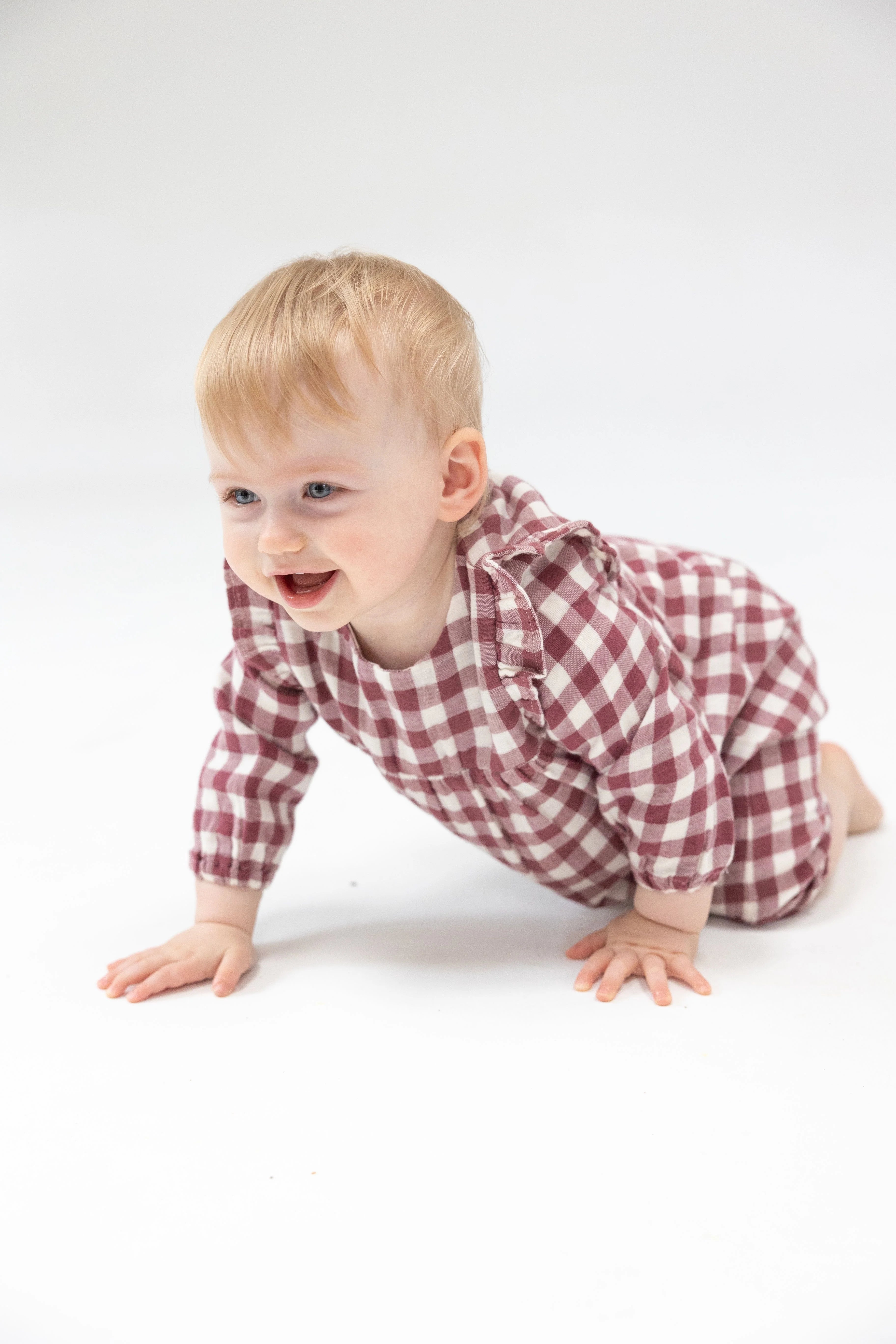 plum gingham romper