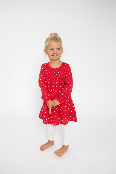 red polka dot dress and leggings for kids