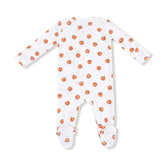 Baby onesie with orange pumpkin pattern on a white background