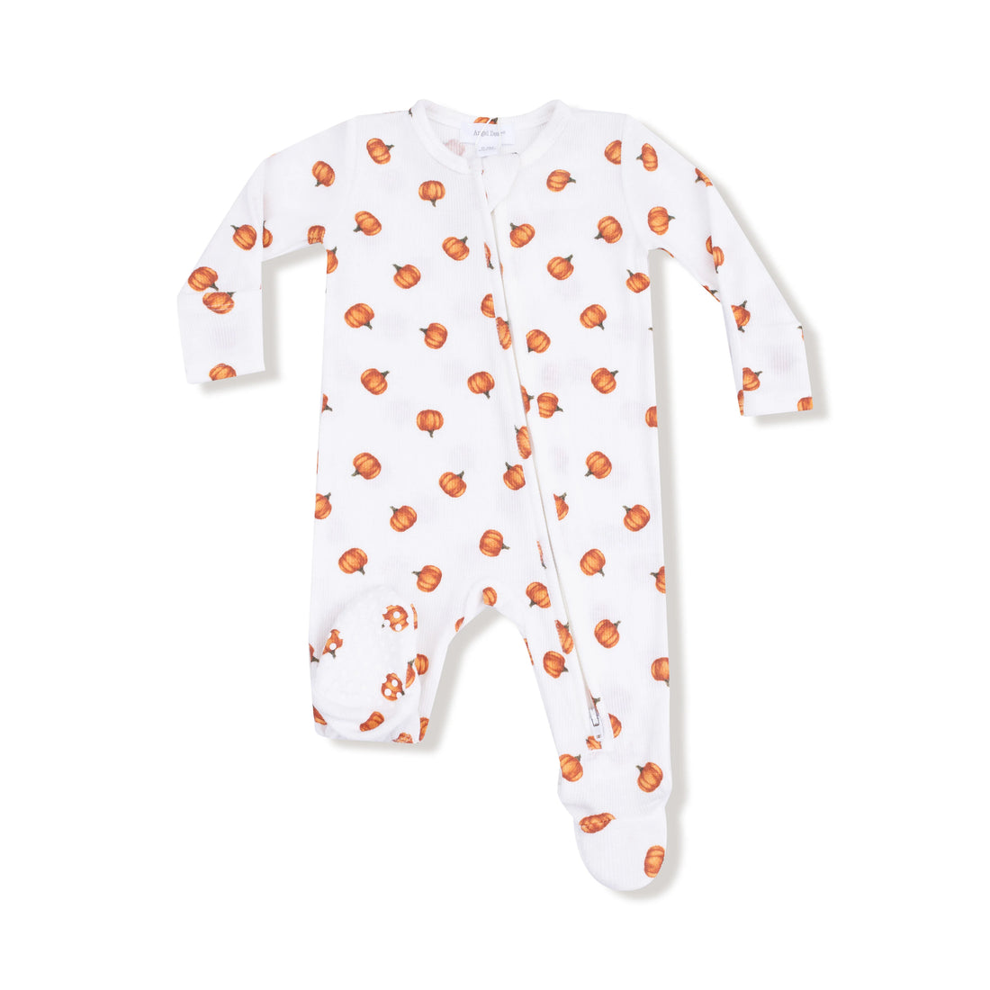 Baby onesie with orange pumpkin pattern on a white background