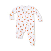 Baby onesie with orange pumpkin pattern on a white background