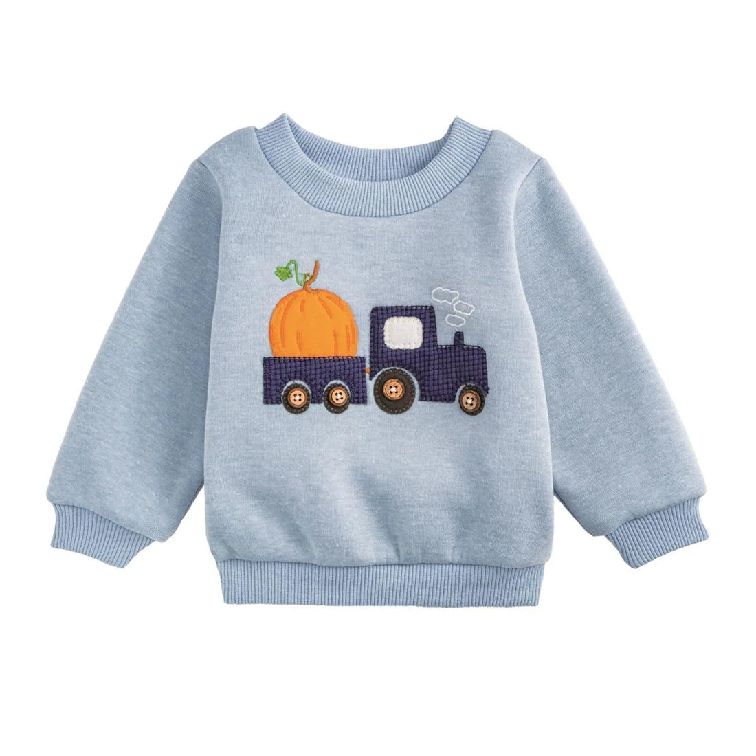 blue sweatshirt with pumpkin tractor