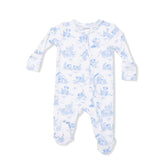 Baby onesie with blue floral pattern on a white background