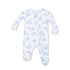 Baby onesie with blue floral pattern on a white background
