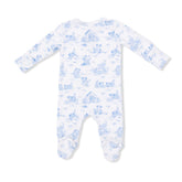 Baby onesie with blue animal pattern on a white background