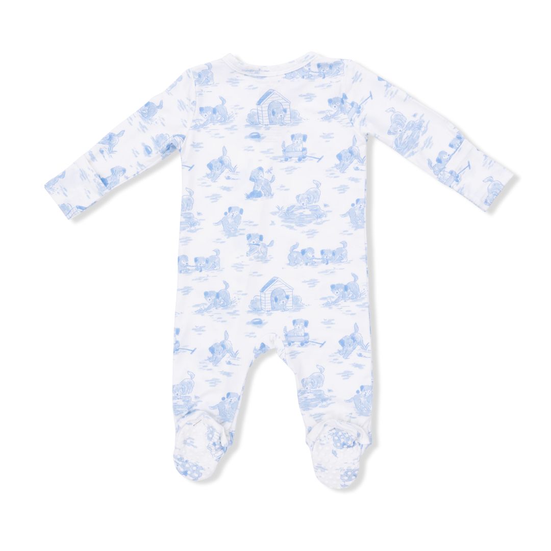 Baby onesie with blue animal pattern on a white background