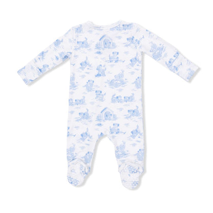 Baby onesie with blue animal pattern on a white background