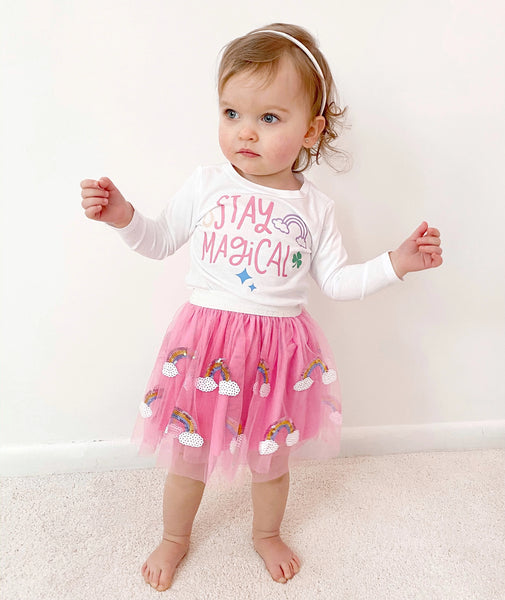 pink tutu with rainbows all over