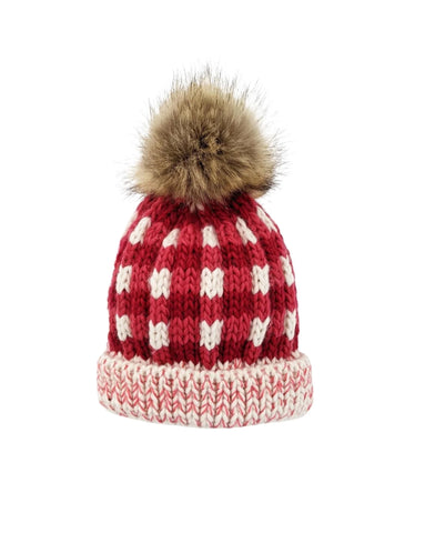 red and natural check pom hat