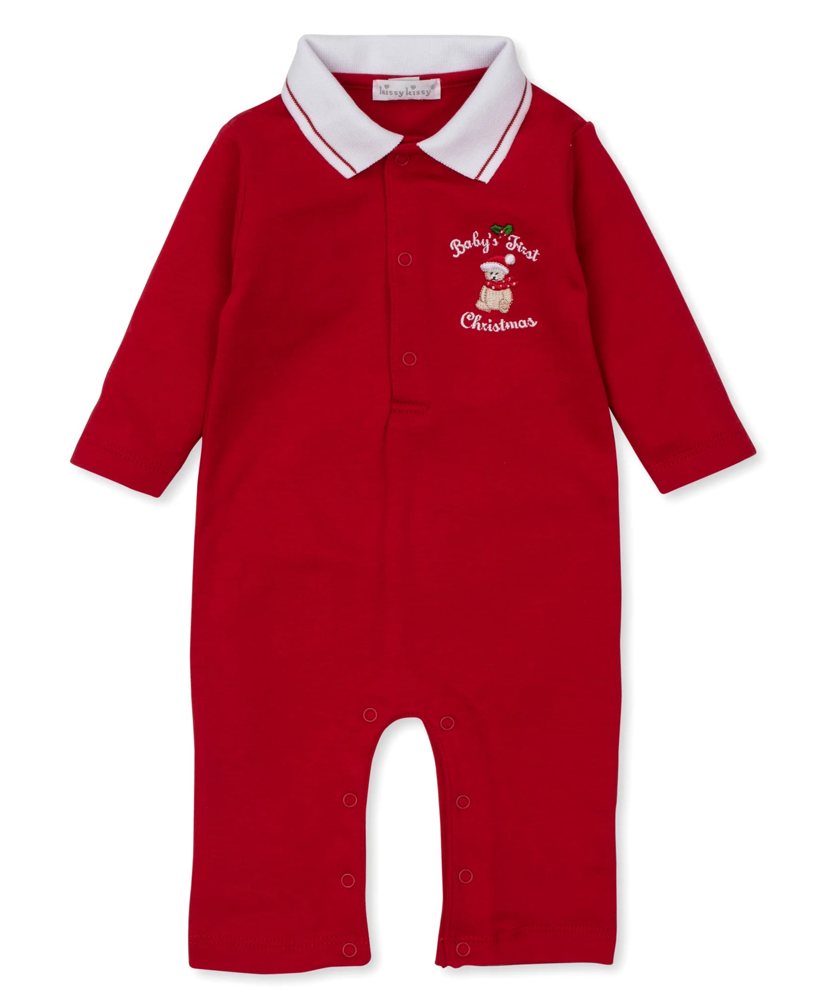 red playsuit with embroidered Babys First Christmas and teddy bear wearing Santa hat