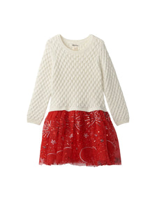 cream sweater top with red sparkle tulle skirt at bottom