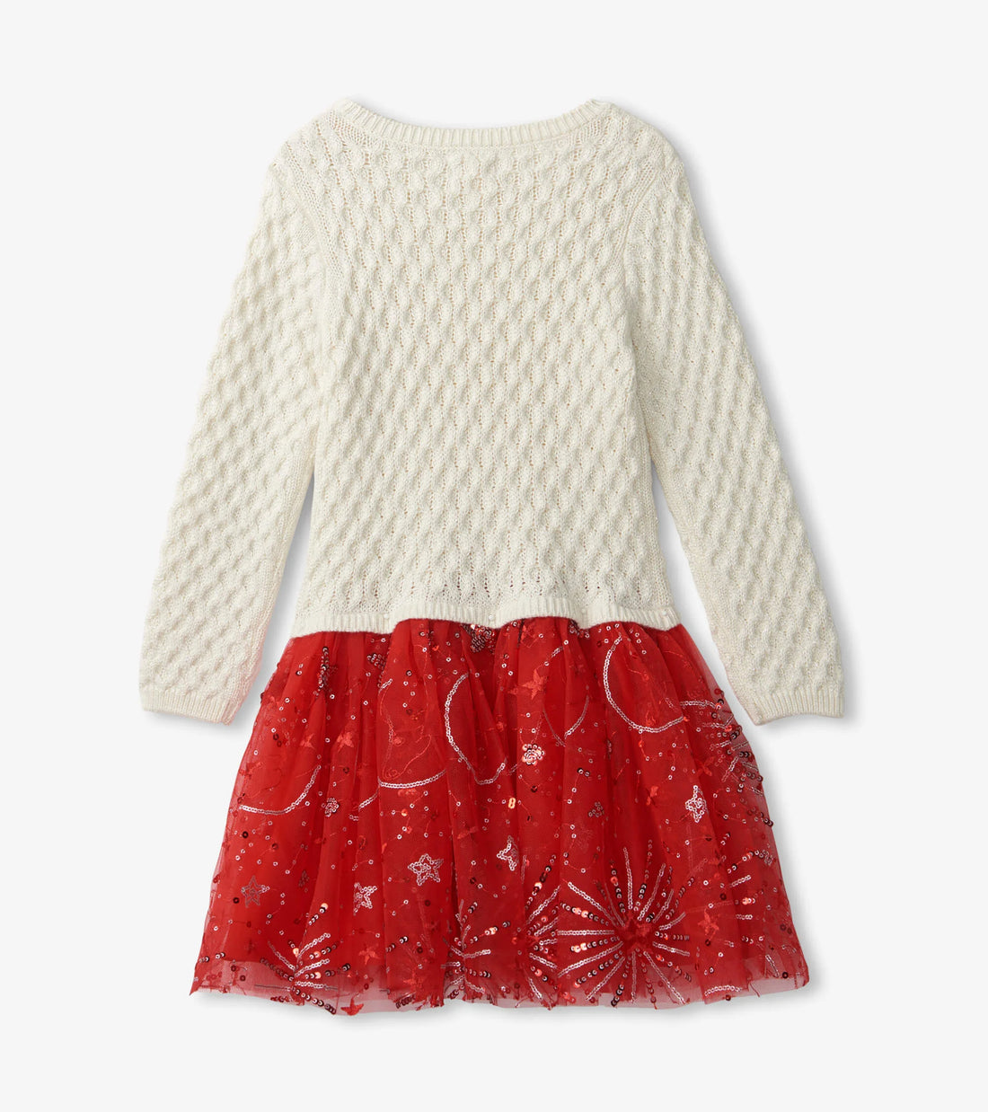 cream sweater top with red sparkle tulle skirt at bottom